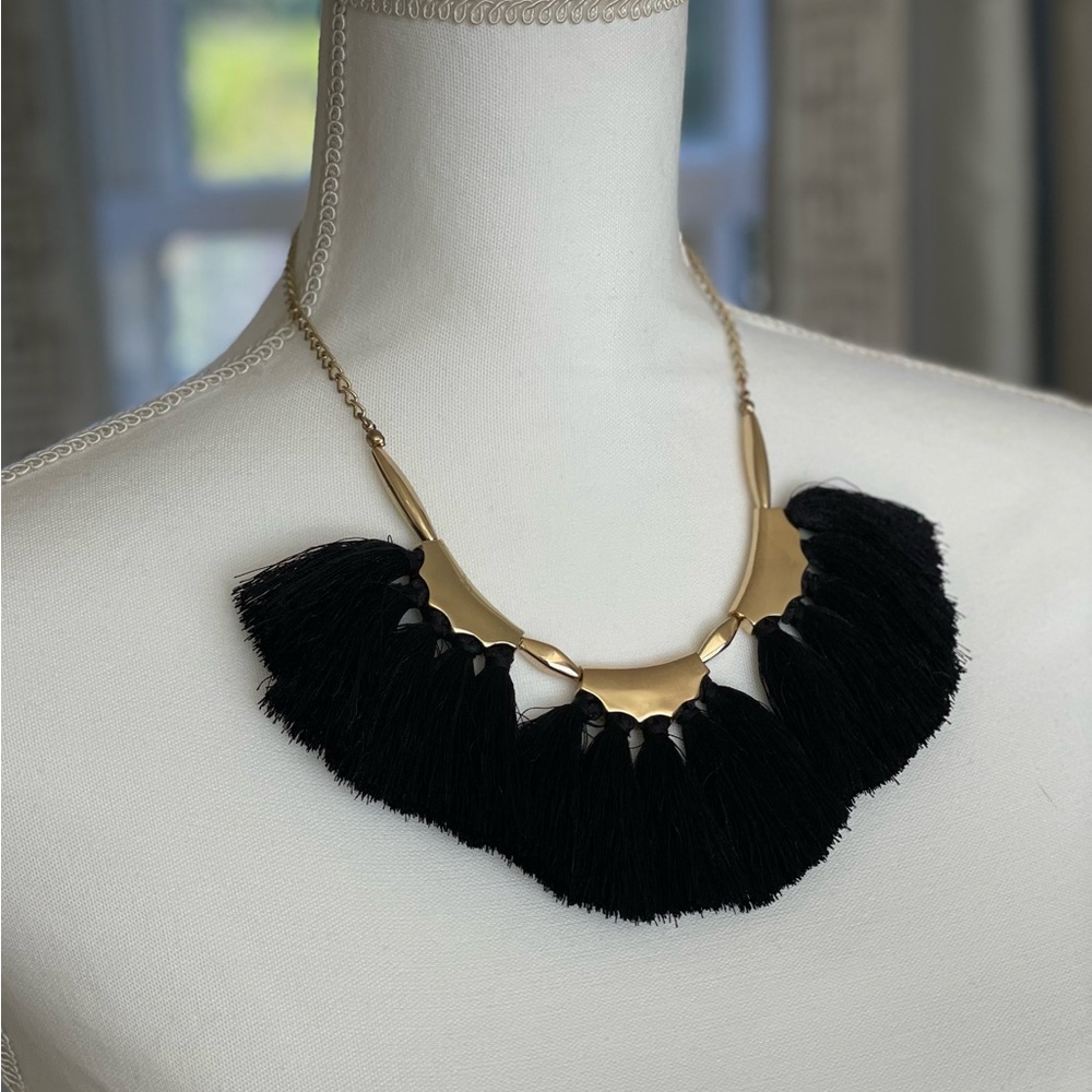 Gold Toned Black Thread Tassel Statement Necklace